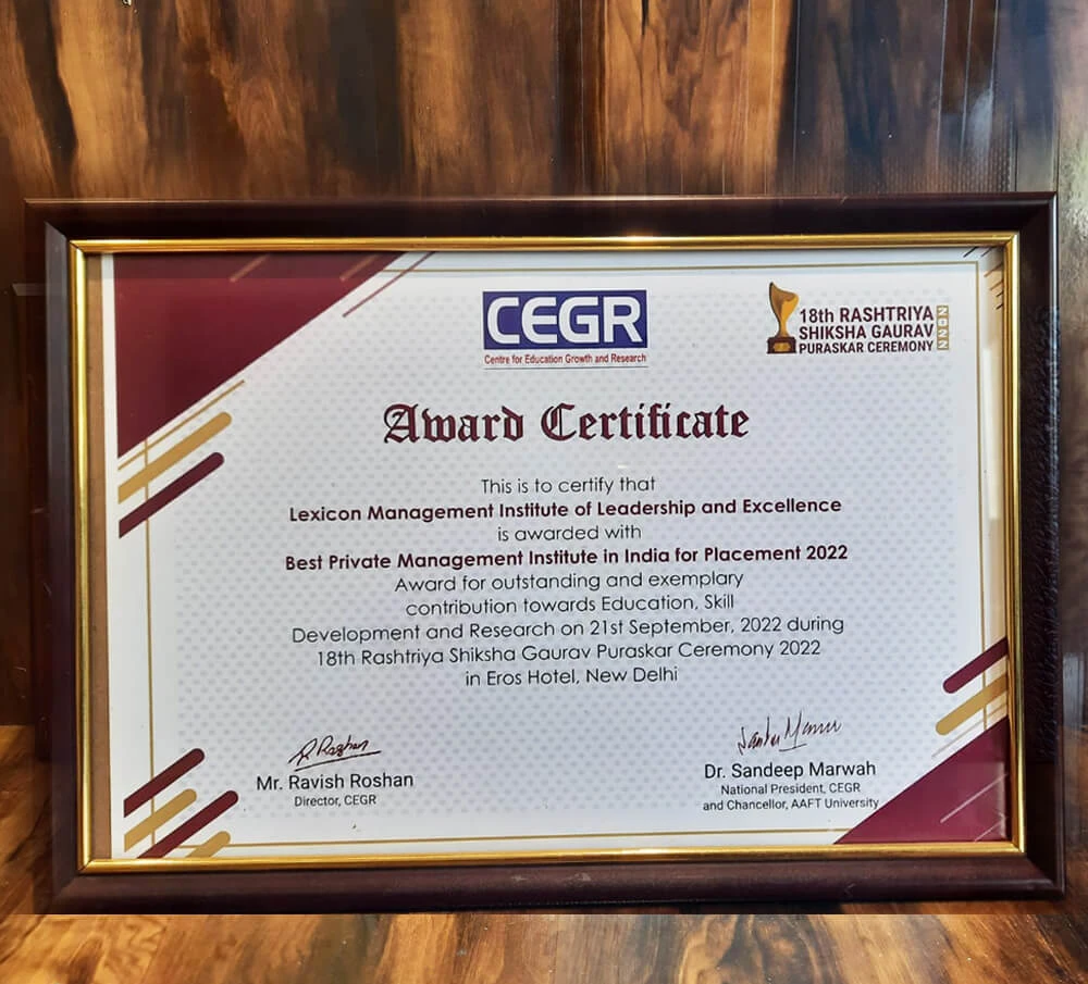 Best Private Management Institute in India for Placement 2022 by CEGR